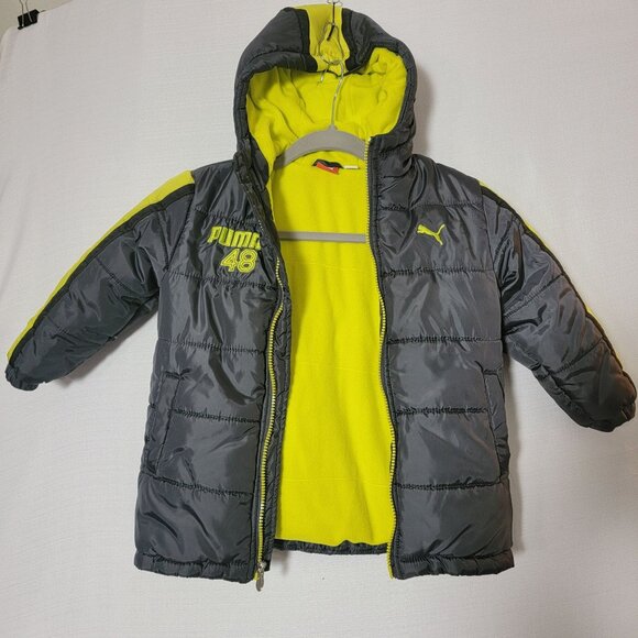 Puma 48 Puffer Jacket Boys Sz 3T Hooded Long sleeves Lined Grey & Lime Green - Picture 1 of 13